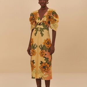 Farm Rio Cream Delicate Flower Arabesques Euroflax™ Premium Linen Midi Dress: M